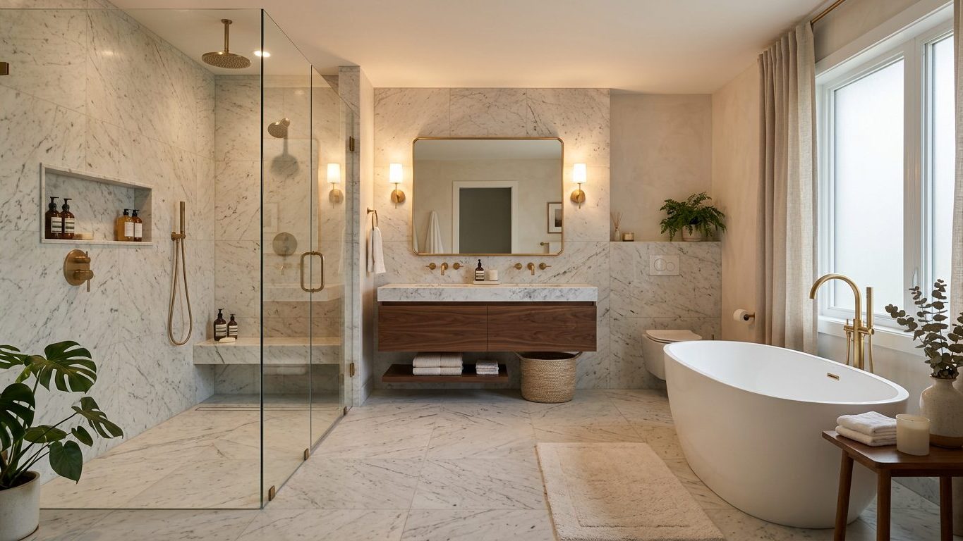 Calm renovated bathroom with soaking tub and plants