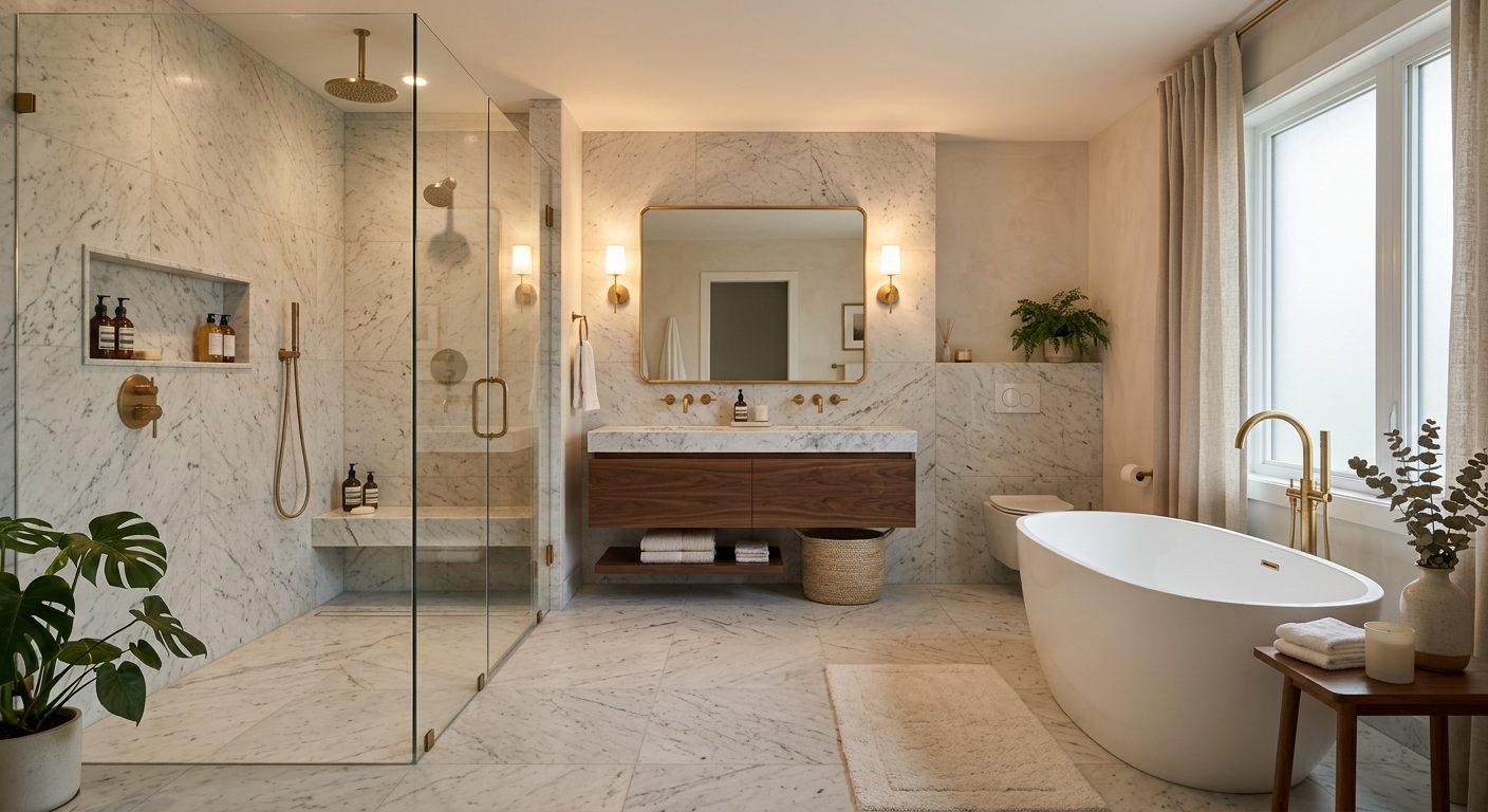 Remodelled bathroom with freestanding tub and marble tile