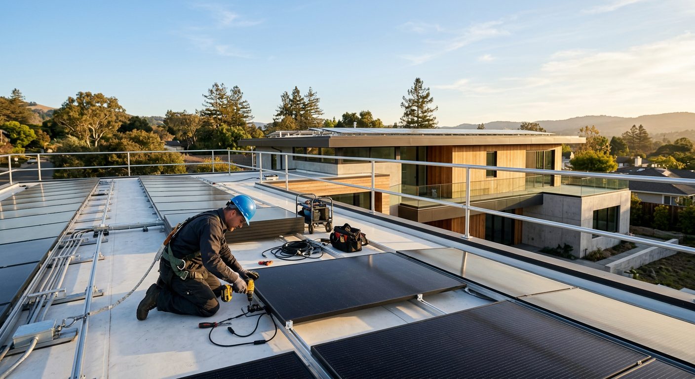 Solar panels being installed on a modern home rooftop